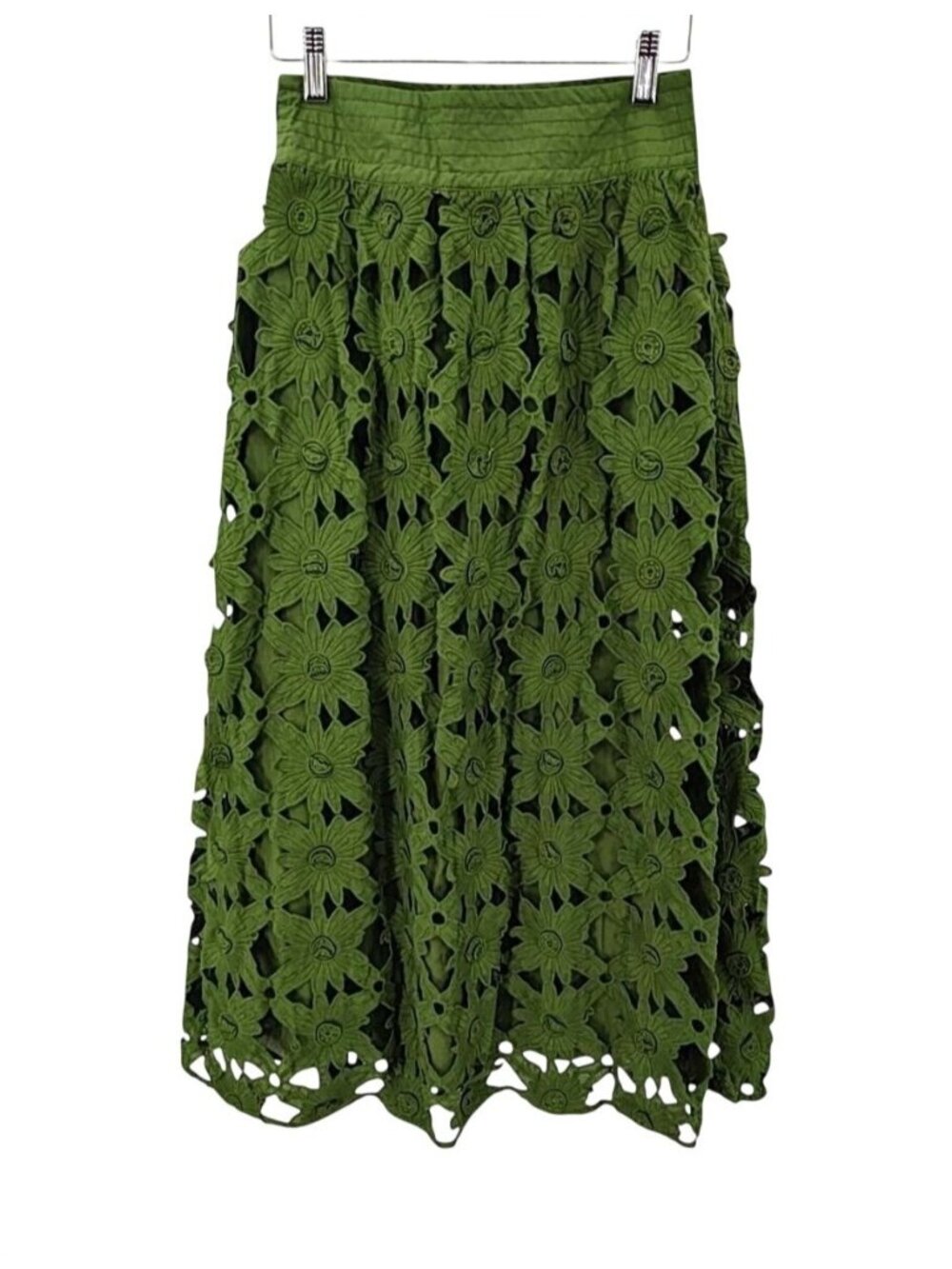 NWT Farm Rio Green Richilieu Embroidered Midi Skirt XXS MSRP $310